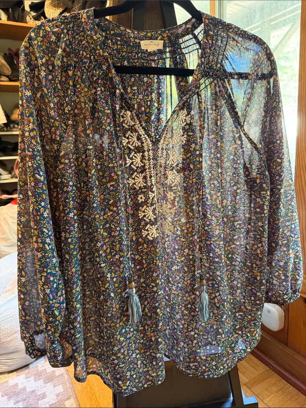 Anthropologie Navy Multi Floral Embroidered Sheer Peasant Top
